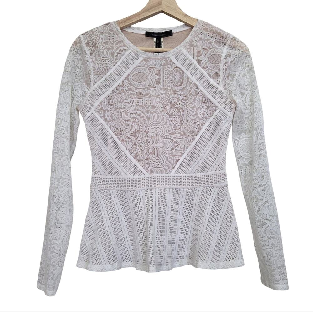 BCBGMaxazria XS White Lace Long Sleeve Peplum Top Whimsy Preppy